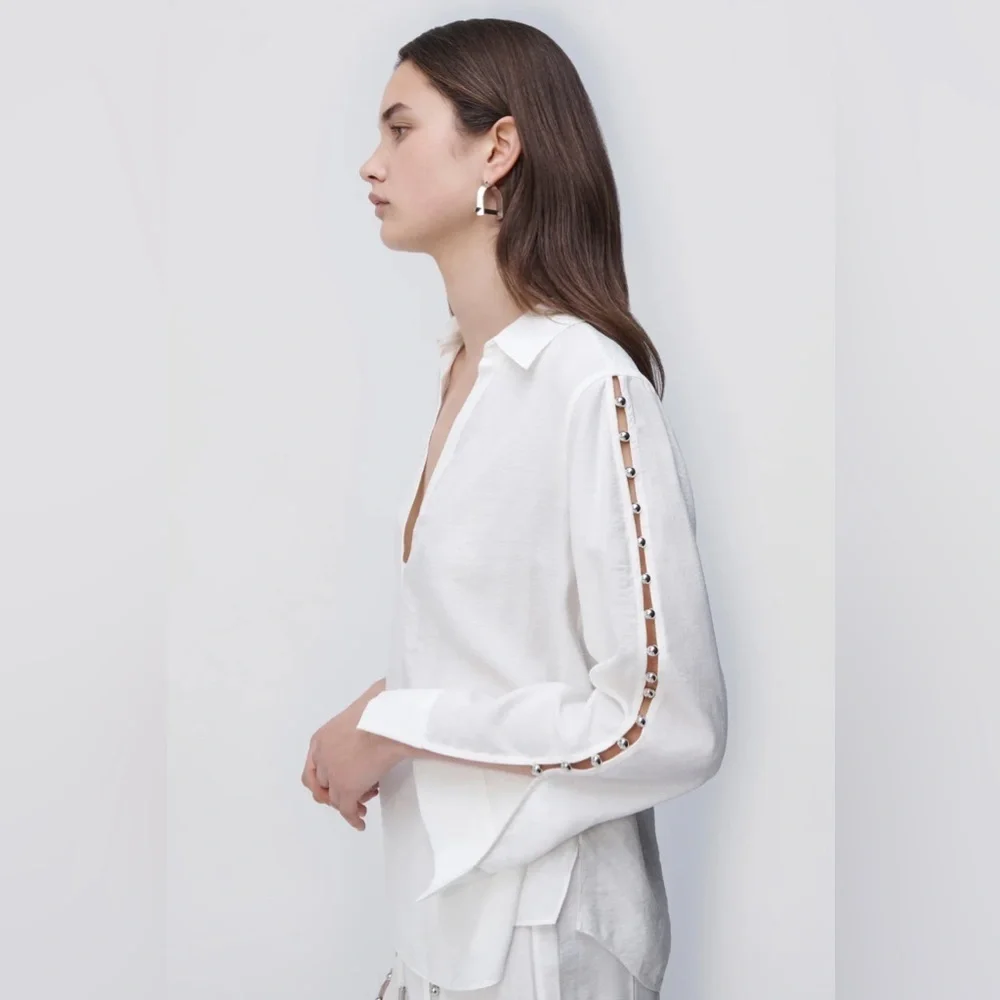 Jonathan Simkhai Stormy Beaded Ivory V-Neck Collar Long Sleeve Coverup Top NWT M - Picture 2 of 12